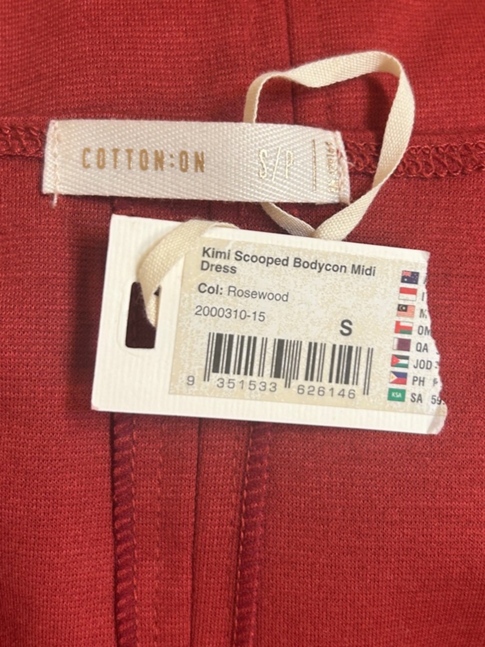 NWT Cotton On Kimi Scooped Bodycon Midi Dress Rosewood Rust Red NWT, Size S - Picture 5 of 7